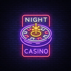 Night casino logo in neon style. Roulette Neon sign, bright luminous banner, night billboard, bright advertisement of casinos, gaming machines and gambling for your projects. Vector illustration