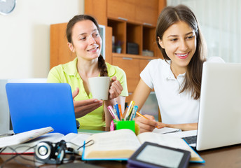 Student girls studying at home