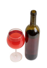 Glass and bottle wine on white background