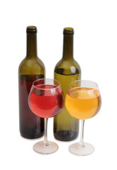Glass and bottle wine on white background