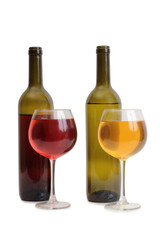 Glass and bottle wine on white background
