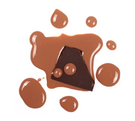 Spilled chocolate milk puddle and bars isolated on white, top view