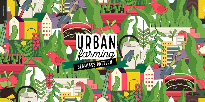 Urban farming, gardening or agriculture seamless pattern.