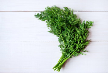 Dill and fennel on a white  wooden background. Fresh herb. 
