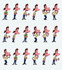 Female office worker character in a set with 18 variations. The character is angry, sad, happy, doubting.  Vector illustration to isolated and funny cartoons characters.