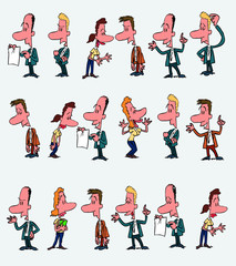 18 office workers characters in a different variations. The characters are angry, sad, happy, doubting.  Vector illustration to isolated and funny cartoons characters.