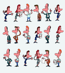 18 office workers characters in a different variations. The characters are angry, sad, happy, doubting.  Vector illustration to isolated and funny cartoons characters.