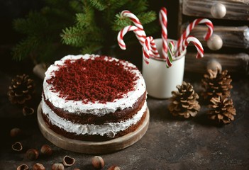 Homemade cake Red Velvet, christmas background.