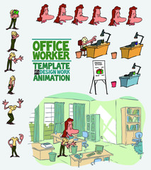 Female office worker template character with decoration and elements for design and animation. The character is angry, sad, happy, doubting.  Vector illustration to funny cartoon character.