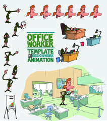 Female office worker template character with decoration and elements for design and animation. The character is angry, sad, happy, doubting.  Vector illustration to funny cartoon character.