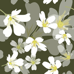 Vector seamless pattern, white flowers on a dark background
