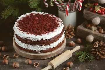Homemade cake Red Velvet, christmas background.