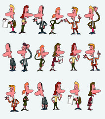 18 office workers characters in a different variations. The characters are angry, sad, happy, doubting.  Vector illustration to isolated and funny cartoons characters.