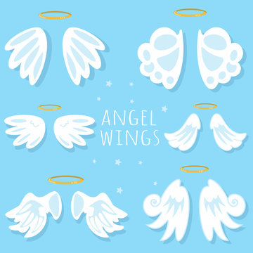 Angel wings set. Cartoon vector illustration on blue background.