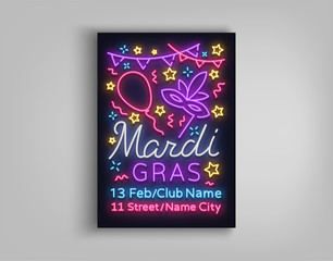 Mardi Gras poster design template in neon style. Neon sign, bright luminous sign, brochure, invitation, postcard, vivid advertising of a fat Tuesday. Flyer, banner. Vector illustration