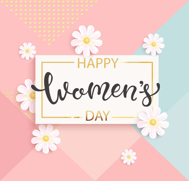 Card for women's day with handdrawn lettering in gold square frame on geometric background pastel colors with beautiful white daisies. Vector illustrate template, banner, flyer, invitation, poster.