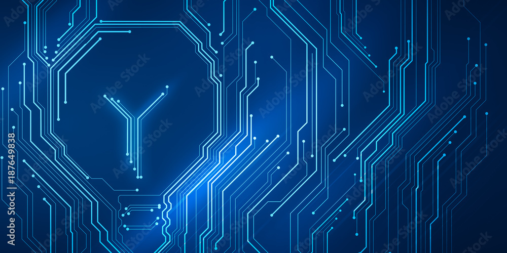 Poster background conceptual image of digital chip lightbulb on blue circuit mesh. bright technology idea.