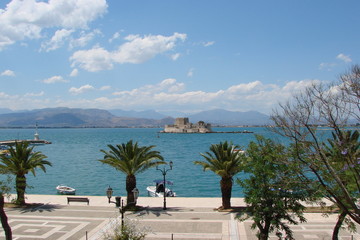 Marine landscape from the seafront street of the coastal town of Kalambaka in southern Greece.