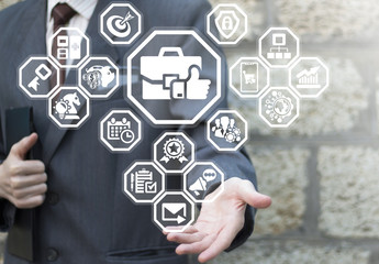 Businessman using virtual interface offers briefcase thumb up like icon. Business Success Investment Donate Assessment Feedback concept.