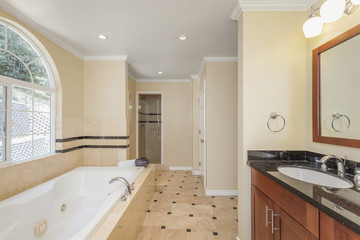 Modern bathroom interior with black granite counter tops and oval sink.