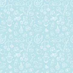 Fototapeten Newborn baby shower seamless pattern for textile, print, greeting cards, wrapping paper, wallpaper. For boy or girl birthday celebration party. Vector illustration design line scetch stile © svsunny