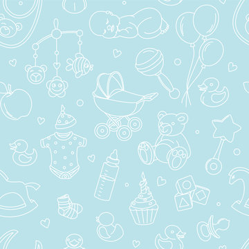 Newborn baby shower seamless pattern for textile, print, greeting cards, wrapping paper, wallpaper. For boy or girl birthday celebration party. Vector illustration design line scetch stile