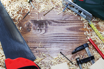 working tool carpenter ruler, chisel, pencil, sawdust and shavings.