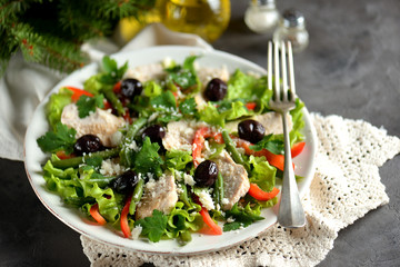 Healthy salad from boiled chicken breast with salad lettuce, red pepper, dried olives, green beans, parsley, parmesan cheese, olive oil and balsamic vinegar.