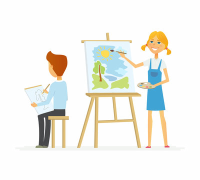 Two children drawing in class - cartoon people characters isolated illustration
