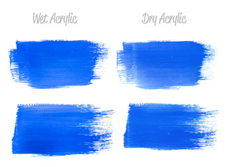 Vector blue paint smear stroke stain set. Abstract gold glittering textured art illustration. Acrylic Texture Paint Stain Illustration. Hand drawn brush strokes vector elements. Acrilyc strokes.