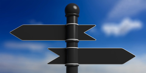 Black metal opposite signposts on pole, isolated on blue sky background. 3d illustration