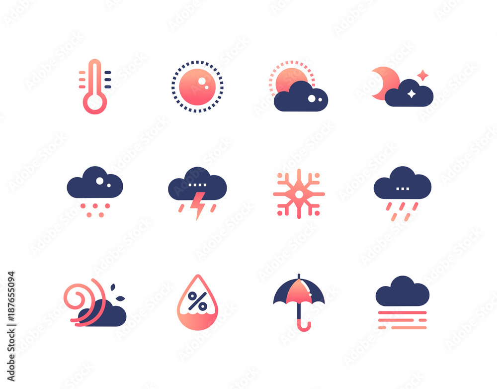 Poster weather types symbols - set of flat design style icons
