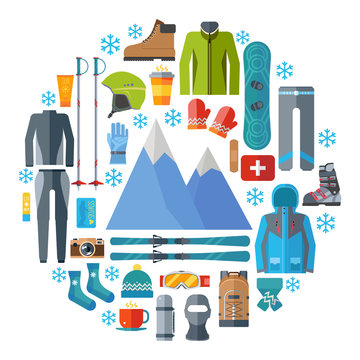 Winter sportswear and equipment round icon set. Skiing, snowboarding vector isolated. Ski resort elements in flat design illustration