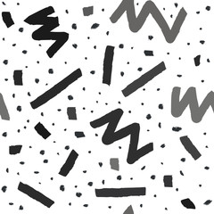 Hand drawn vector seamless pattern in memphis style with stripes, zigzag and blobs on white background