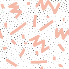 Stoff pro Meter Handgezeichnetes Vektornahtloses Muster im Memphis-Stil mit rosa Streifen, Zickzack und Klecksen auf weißem Hintergrund © mindfullness