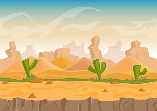 Cartoon sand and stone rocks desert landscape with cactuses and stone mountains. Vector game style vector illustration