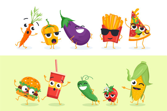 Funny vegetables and fast food - set of vector characters illustrations