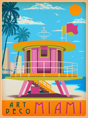 Obraz premium Słoneczny dzień w Miami, USA. Ręcznie robiony rysunek ilustracji wektorowych. Styl art deco.