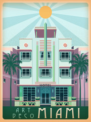 Sunny day in Miami, USA. Handmade drawing vector illustration. Art deco style.