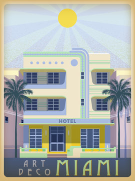 Sunny day in Miami, USA. Handmade drawing vector illustration. Art deco style.