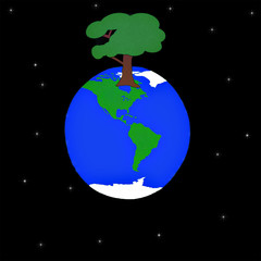 The planet on which grew a large tree.This picture can be used in environmental protection advertisements.