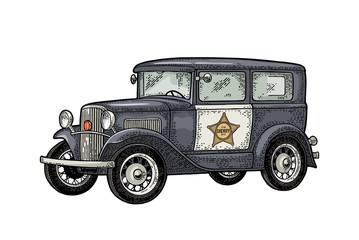 Retro police car sedan with sheriff star. Vintage color engraving © MoreVector