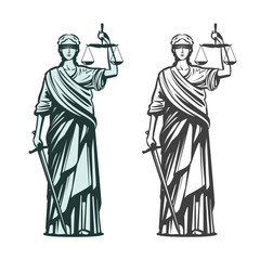 Fototapeta premium Judiciary symbol. Lady justice with blindfold, scales and sword in hands. Sketch vector illustration