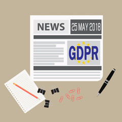 GDPR may 25, 2018 Business news in the newspaper on the table with office tools .GDPR Vector illustration