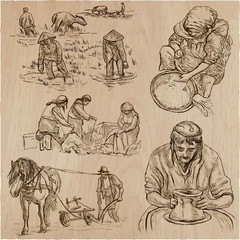 Fototapeta na wymiar Working class heroes - an hand drawn collection. Line art technique.
