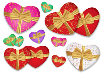 Set colorful hearts tied gold ribbon with a bow. Box in the shape of a heart. Vector