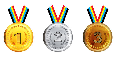 Gold silver and bronze medals with ribbons isolated on white background. Vector illustration.