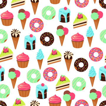 Vector seamless pattern of sweets dessert on white background