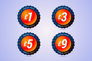 Special price labels with 1, 3, 5 and 9 Great Britain Pounds. 