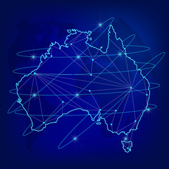 Global logistics network concept. Communications network map of the Australia on the world background. Australia map with nodes in polygonal style. Vector illustration EPS10.